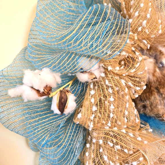 Hand Crafted Blue and Tan Holiday Wreath - Picture 4 of 11